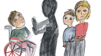 Drawing of a shadowy figure excluding a person in a wheelchair from joining a group of people