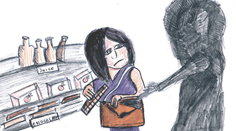 Drawing of a shadowy figure forcing a woman to steal from a store