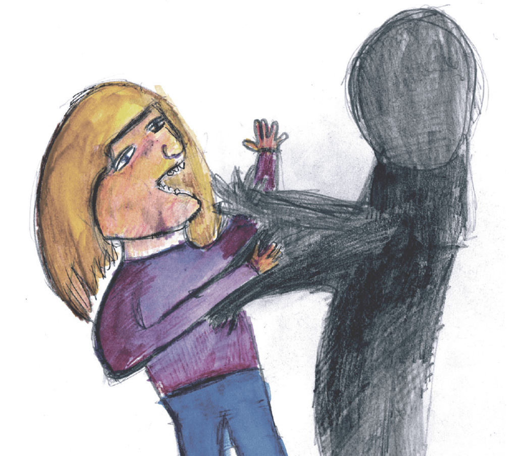 Drawing of a shadowy figure hitting a woman