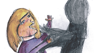 Drawing of a shadowy figure hitting a woman