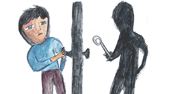 Drawing of a shadowy figure holding a key on one side of a door with a man on the other side trying to open the door