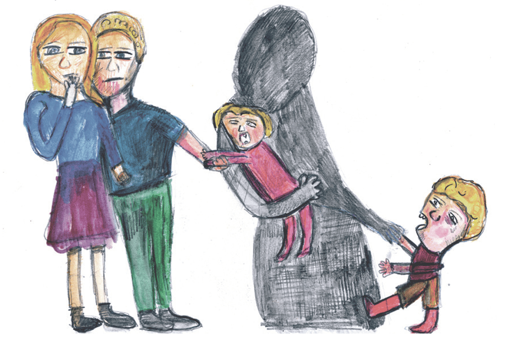 Drawing of a shadowy figure holding two young children away from their parents