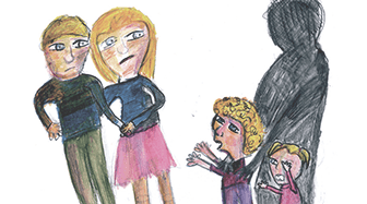 Drawing of a shadowy figure holding two young children away from their parents