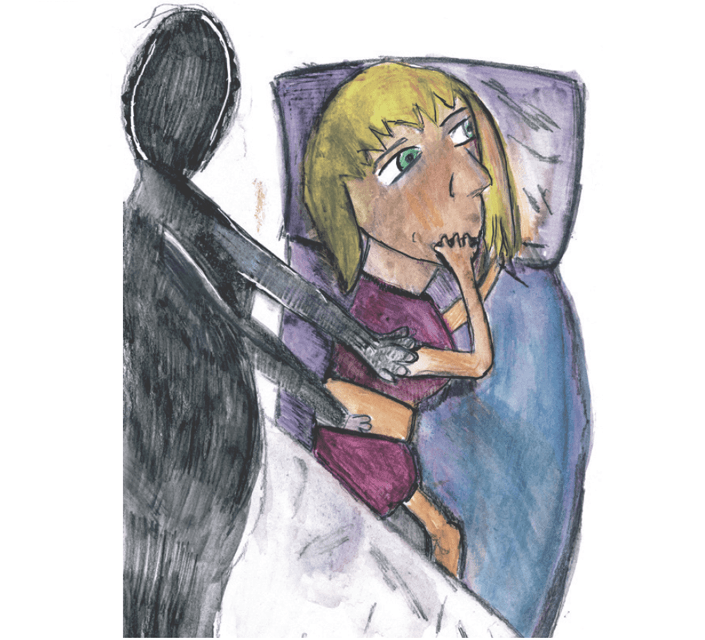 Drawing of a shadowy figure touching a woman in bed