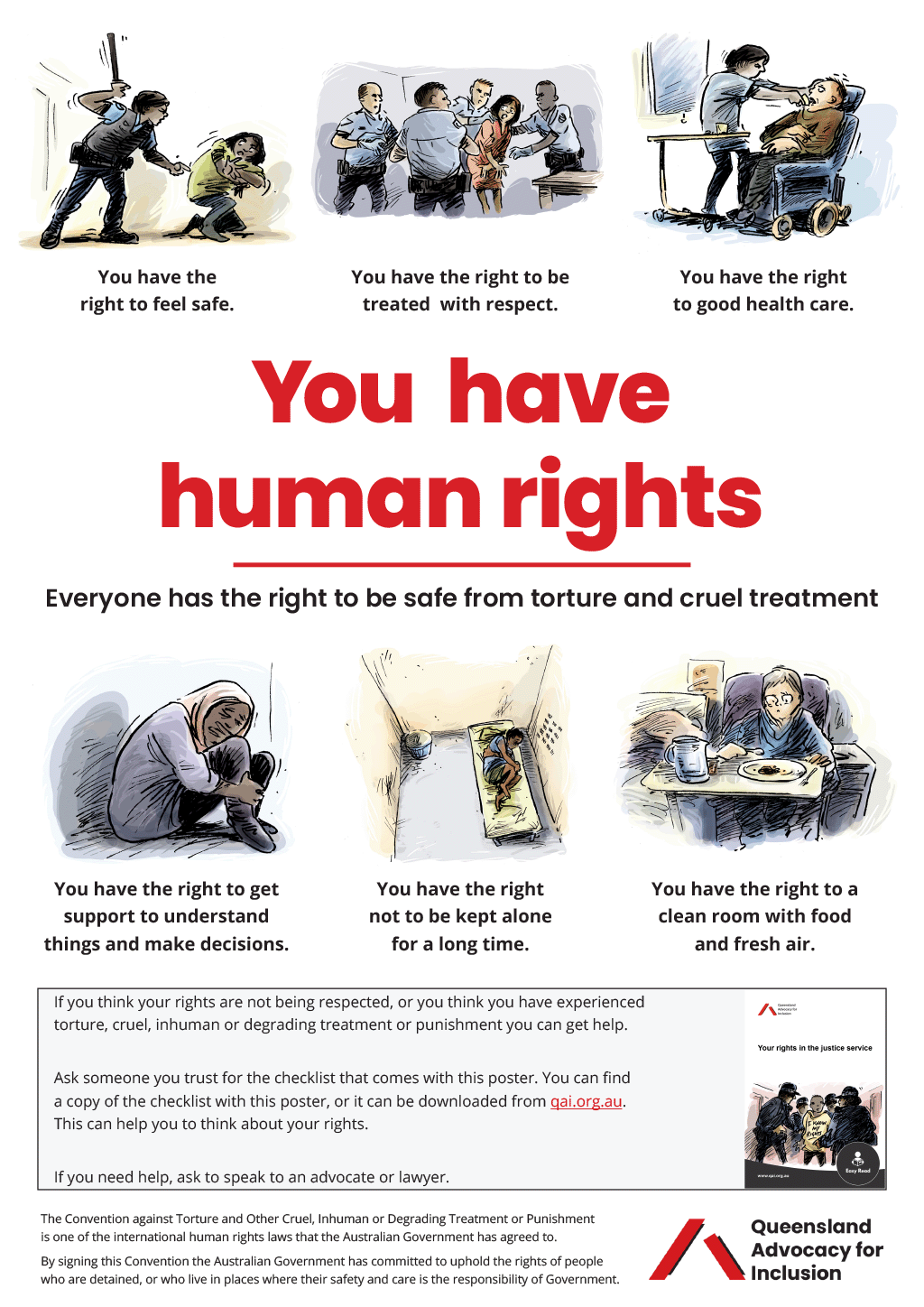 Cover page of checklist "Your rights in the justice system" with illustration of a person wearing a jumper that says "I know my rights" and is surrounded by 4 police officers. Bottom of the page has Easy Read icon.