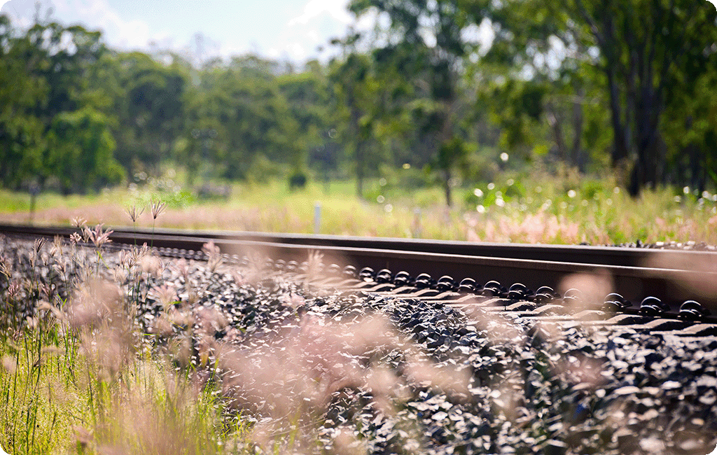 Train track running through Queensland grassland with trees in the distance.