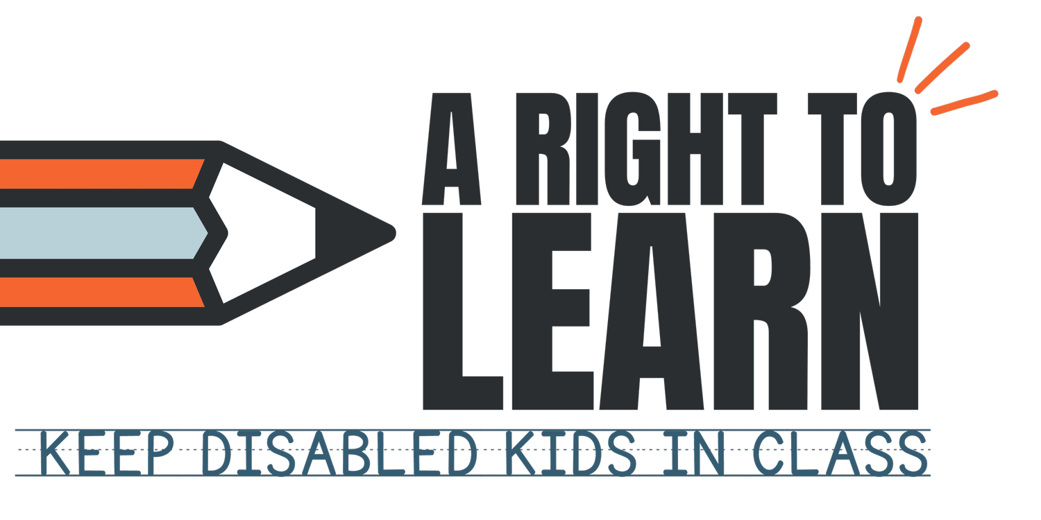 Logo with blue and orange pencil pointing to text "A Right to Learn" with tagline "Keep disabled kids in class".