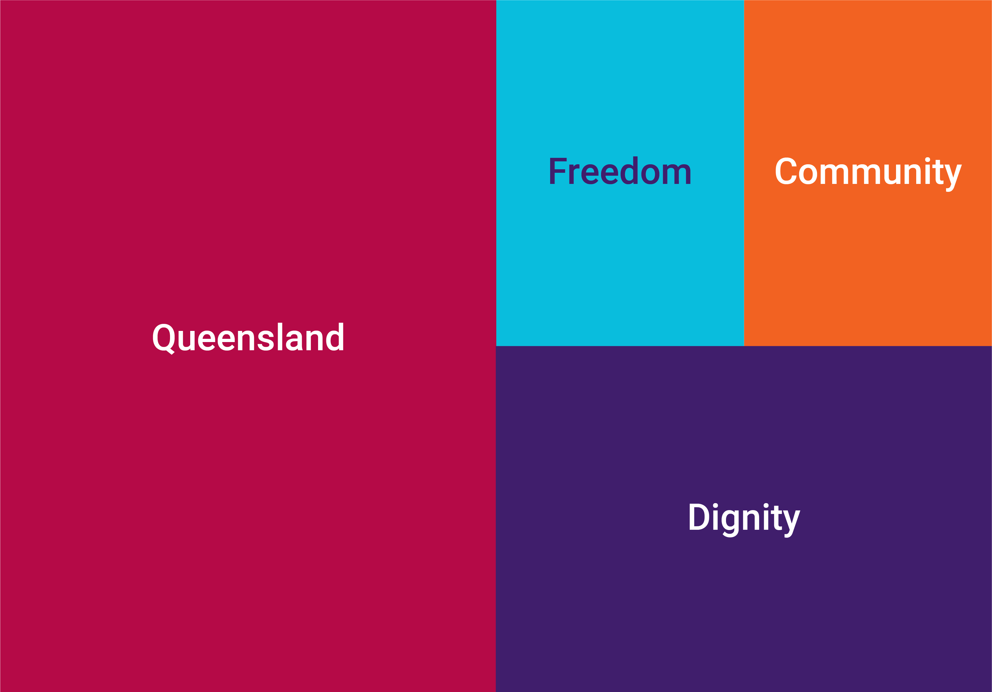 4 rectangles of colour. Left side has large maroon section with text "Queensland" in the middle, bottom right has medium purple section with text "Dignity" in the middle. Top right is divided into two small sections, a blue one with text "Freedom" and an orange one with "Community" in the middle.