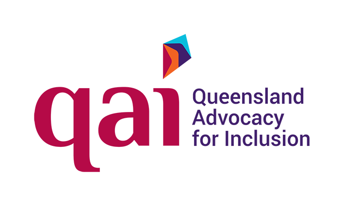New Queensland Advocacy for Inclusion logo, it has maroon lower case letters "q a i" with a kite for the dot of the 'i' in four coloured segments from maroon to orange then purple and finally blue for the tip of the kite shape. To the right is purple text "Queensland Advocacy for Inclusion".