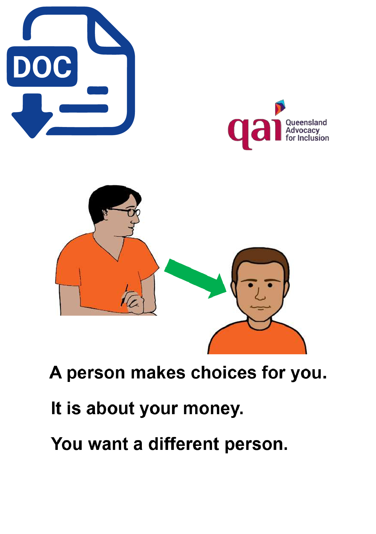 3. DOC Coverpage for A person makes choices for you. It is about your money. You want a different person. EE Cover page of you want a different person to make money decisions fact sheet with word document icon