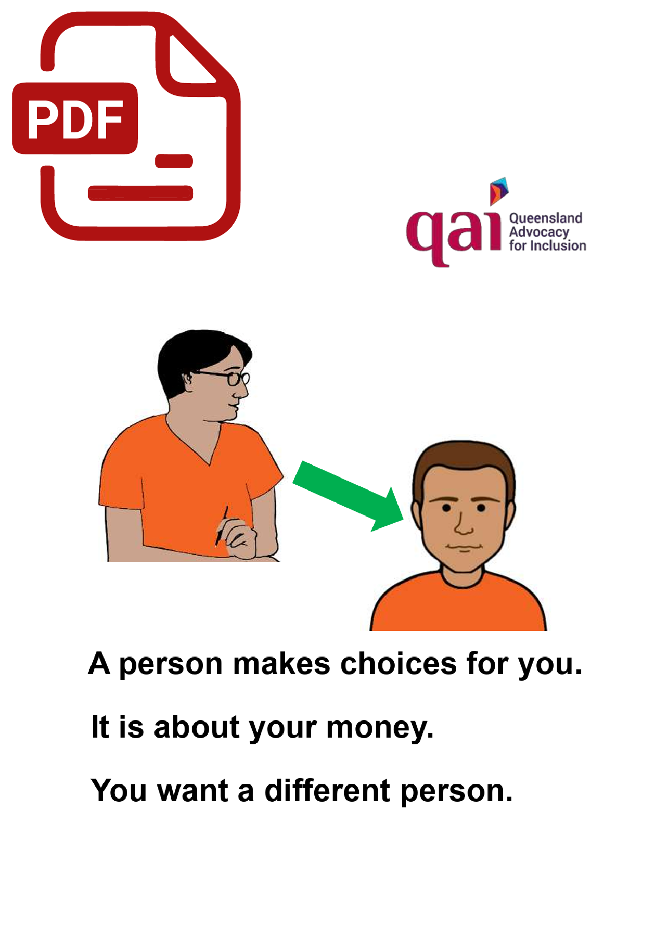 3. PDF Coverpage for A person makes choices for you. It is about your money. You want a different person. EE Cover page of you want a different person to make money decisions fact sheet with PDF icon