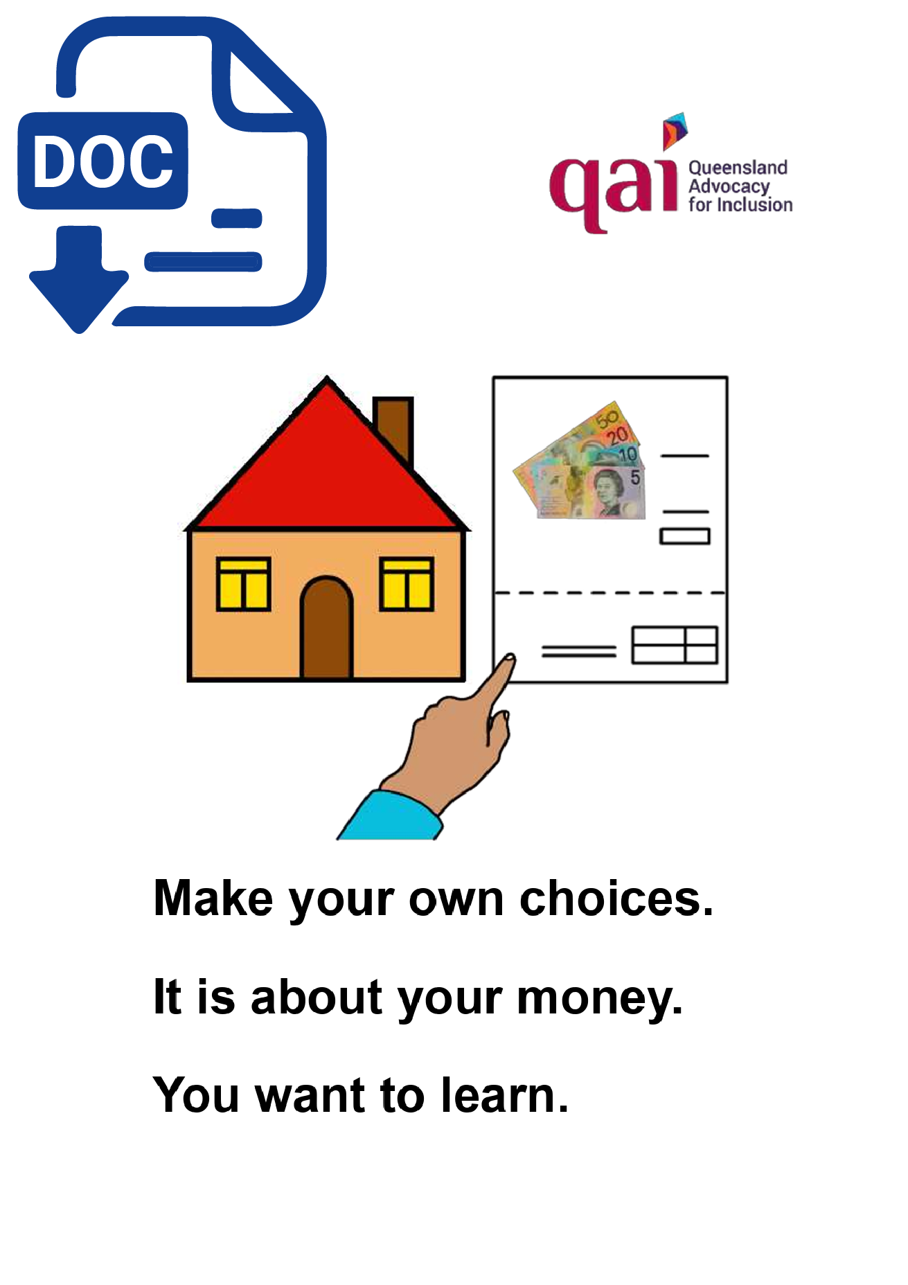 4. DOC Coverpage for Make your own choices. It is about your money. You want to learn. EE Cover page of you want to learn to make your own money decisions fact sheet with word document icon