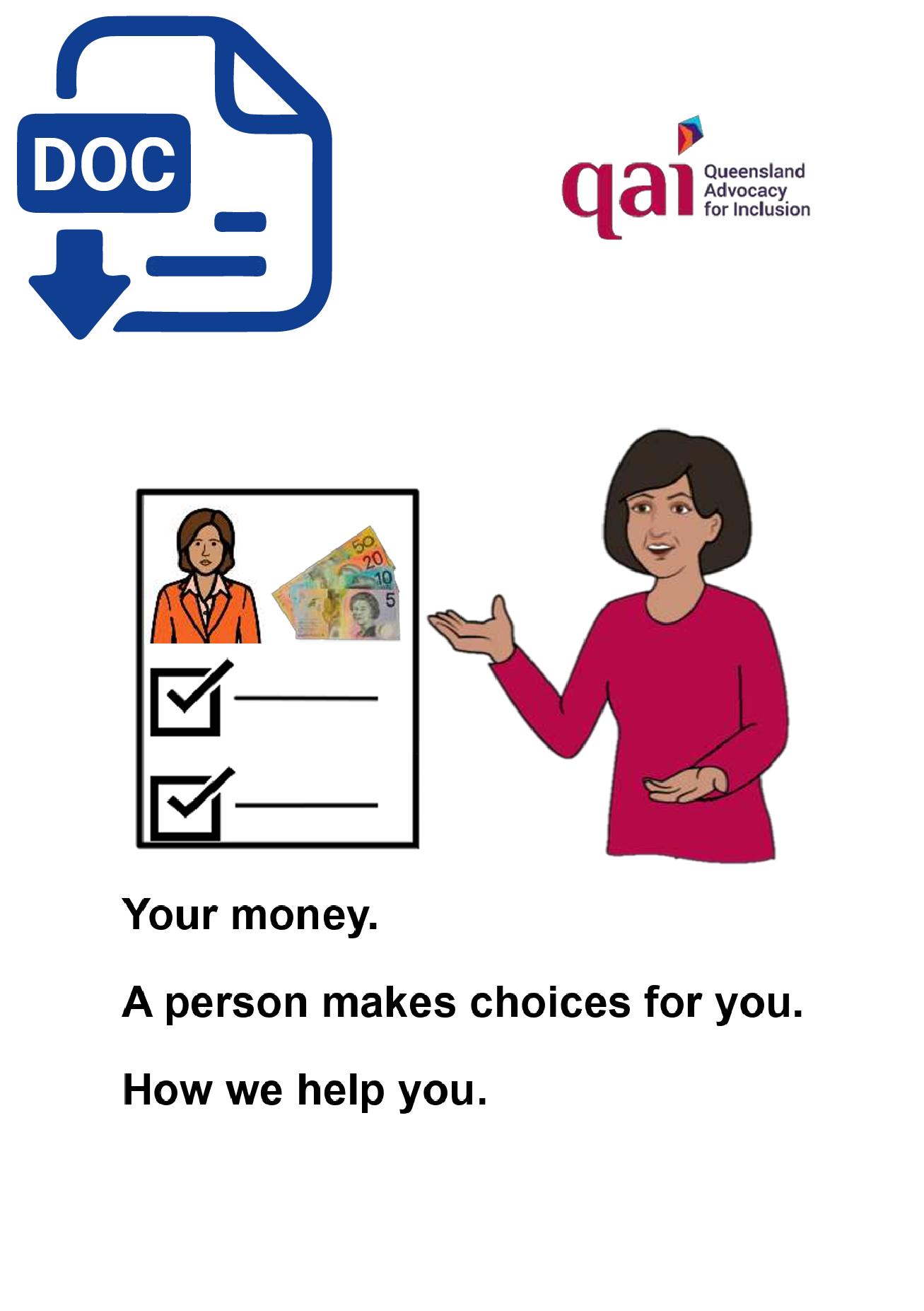 6. DOC Coverpage for Your money. A person makes choices for you. How we help you. EE Cover page of you how we help you when a person makes money decisions for you fact sheet with word document icon