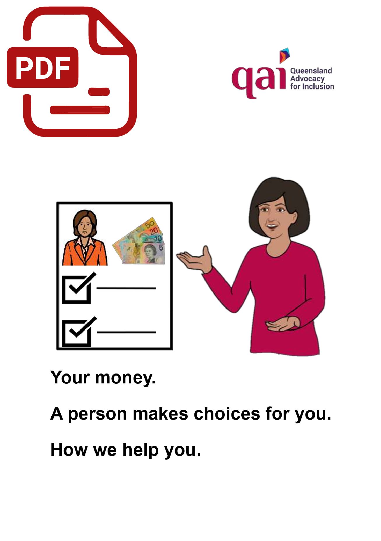 6. PDF Coverpage for Your money. A person makes choices for you. How we help you. EE Cover page of you how we help you when a person makes money decisions for you fact sheet with PDF icon