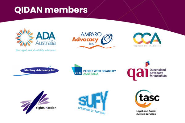 Heading says QIDAN members with logos of the 8 disability advocacy organisations that make up the network